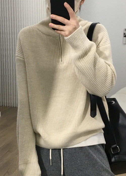 Apricot Zip Up Patchwork Cozy Knit Sweaters Long Sleeve