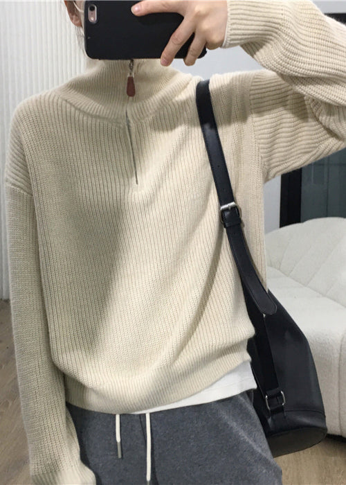 Apricot Zip Up Patchwork Cozy Knit Sweaters Long Sleeve