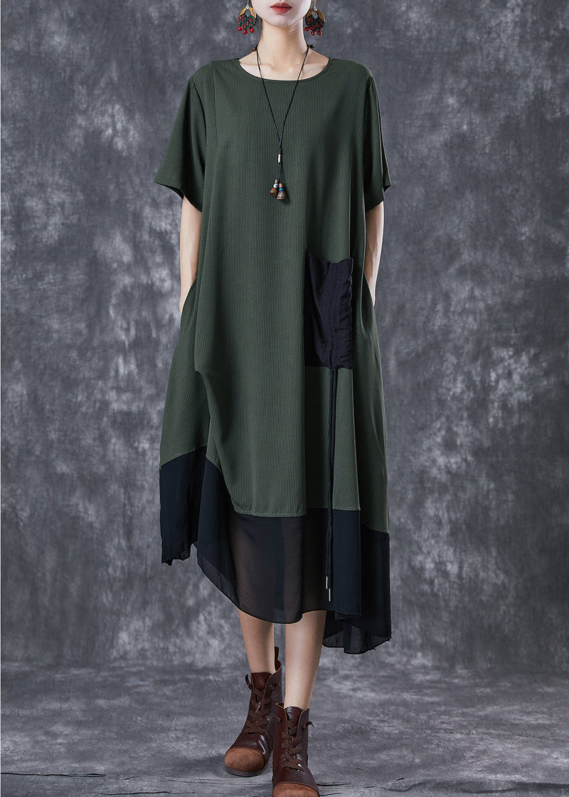 Army Green Cinched Patchwork Chiffon Maxi Dresses Summer