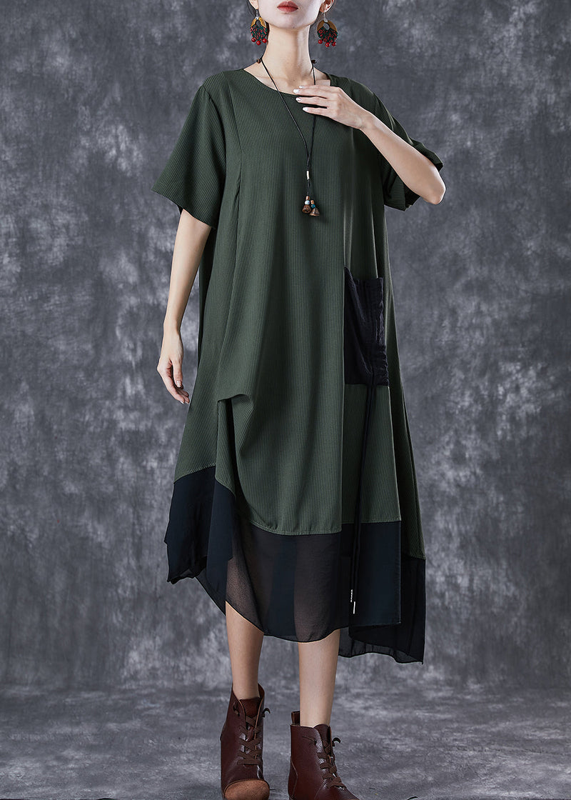 Army Green Cinched Patchwork Chiffon Maxi Dresses Summer