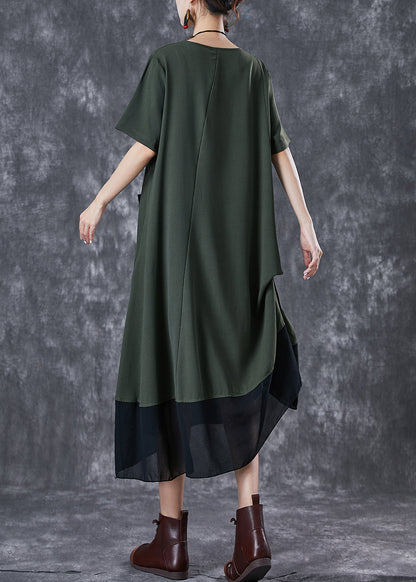 Army Green Cinched Patchwork Chiffon Maxi Dresses Summer