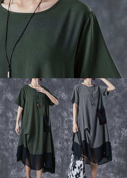 Army Green Cinched Patchwork Chiffon Maxi Dresses Summer
