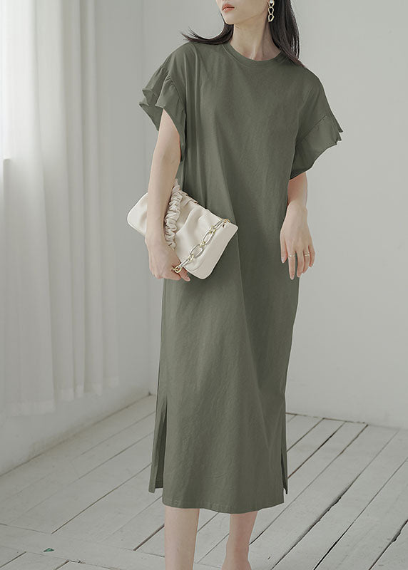 Army Green O-neck Side Open Cotton Vacation Dresses Butterfly Sleeve