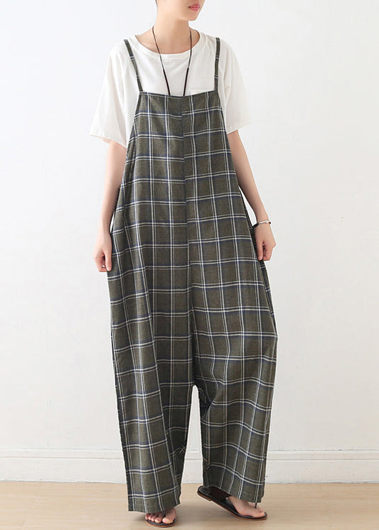 Baggy Green Plaid Cotton Spaghetti Strap Jumpsuit Summer