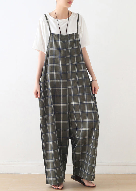 Baggy Green Plaid Cotton Spaghetti Strap Jumpsuit Summer