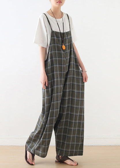 Baggy Green Plaid Cotton Spaghetti Strap Jumpsuit Summer