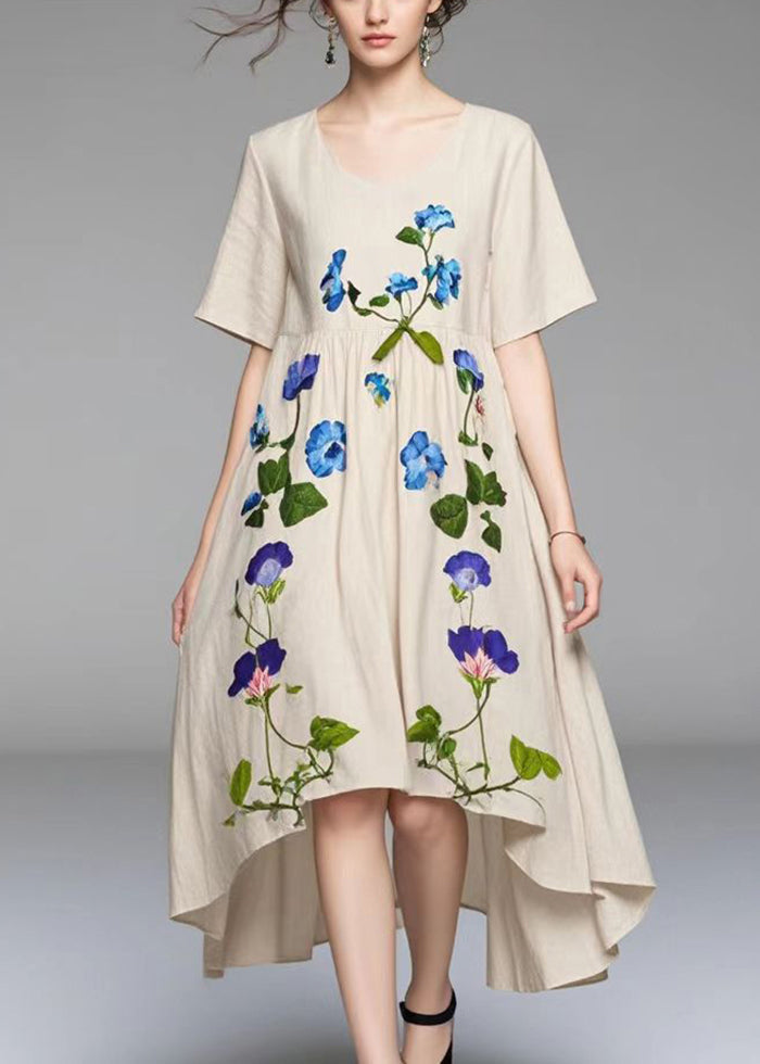 Beige Asymmetrical Print Cotton Vacation Dresses Summer