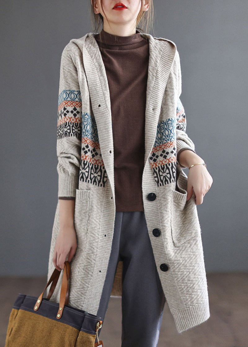 Beige Button Knitted Hooded Coats Cardigans Spring