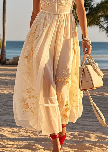 Beige Cold Shoulder Print Tulle Halter Dresses Summer