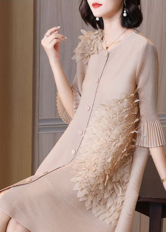 Beige Wrinkled Button a Line Dress Summer
