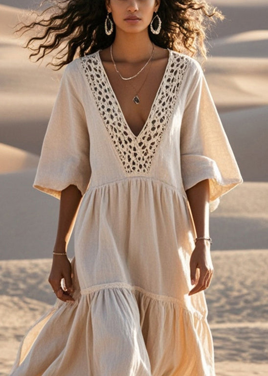 Beige Hollow Out Patchwork Cotton Loose Dress Summer