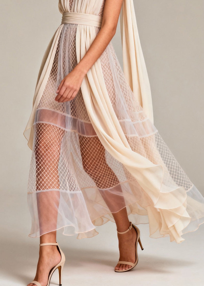 Beige Hollow Out Patchwork Tulle Evening Dress Summer