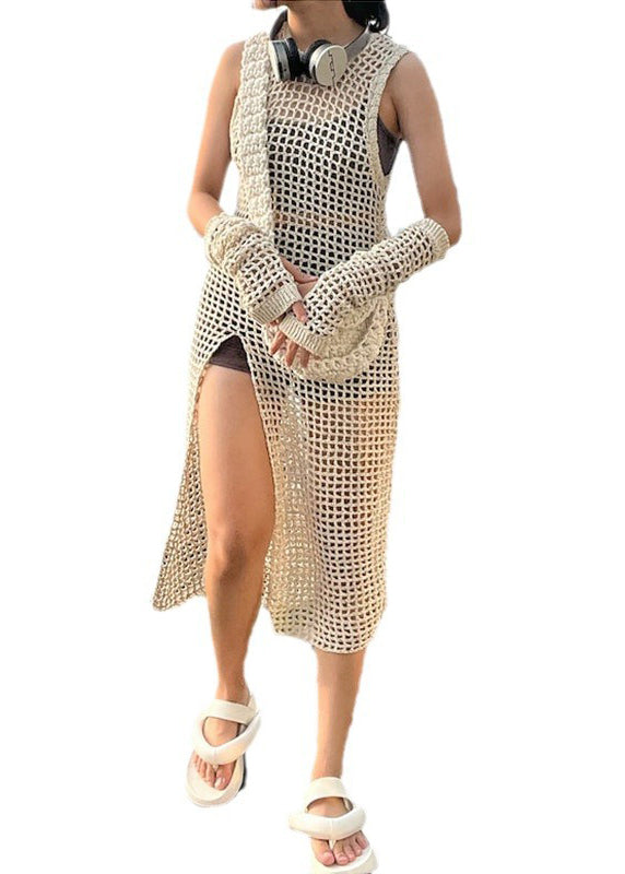 Beige Hollow Out Side Open Knit Dress Summer