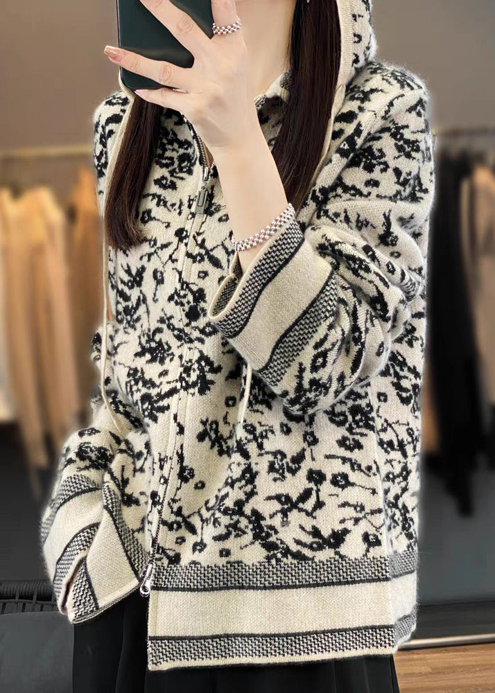 Beige Hooded Zippered Print Wool Knit Coat Long Sleeve