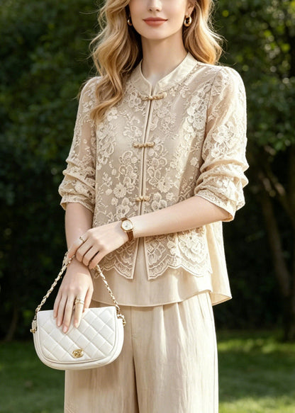 Beige Mandarin Collar Patchwork Lace Two Piece Suit Set Summer
