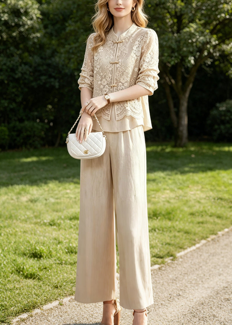 Beige Mandarin Collar Patchwork Lace Two Piece Suit Set Summer