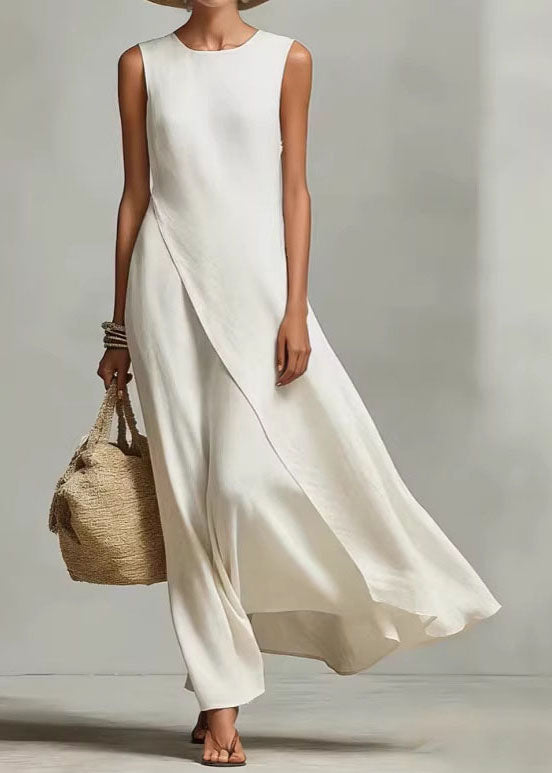 Beige O Neck Asymmetrical Cotton Dress Sleeveless