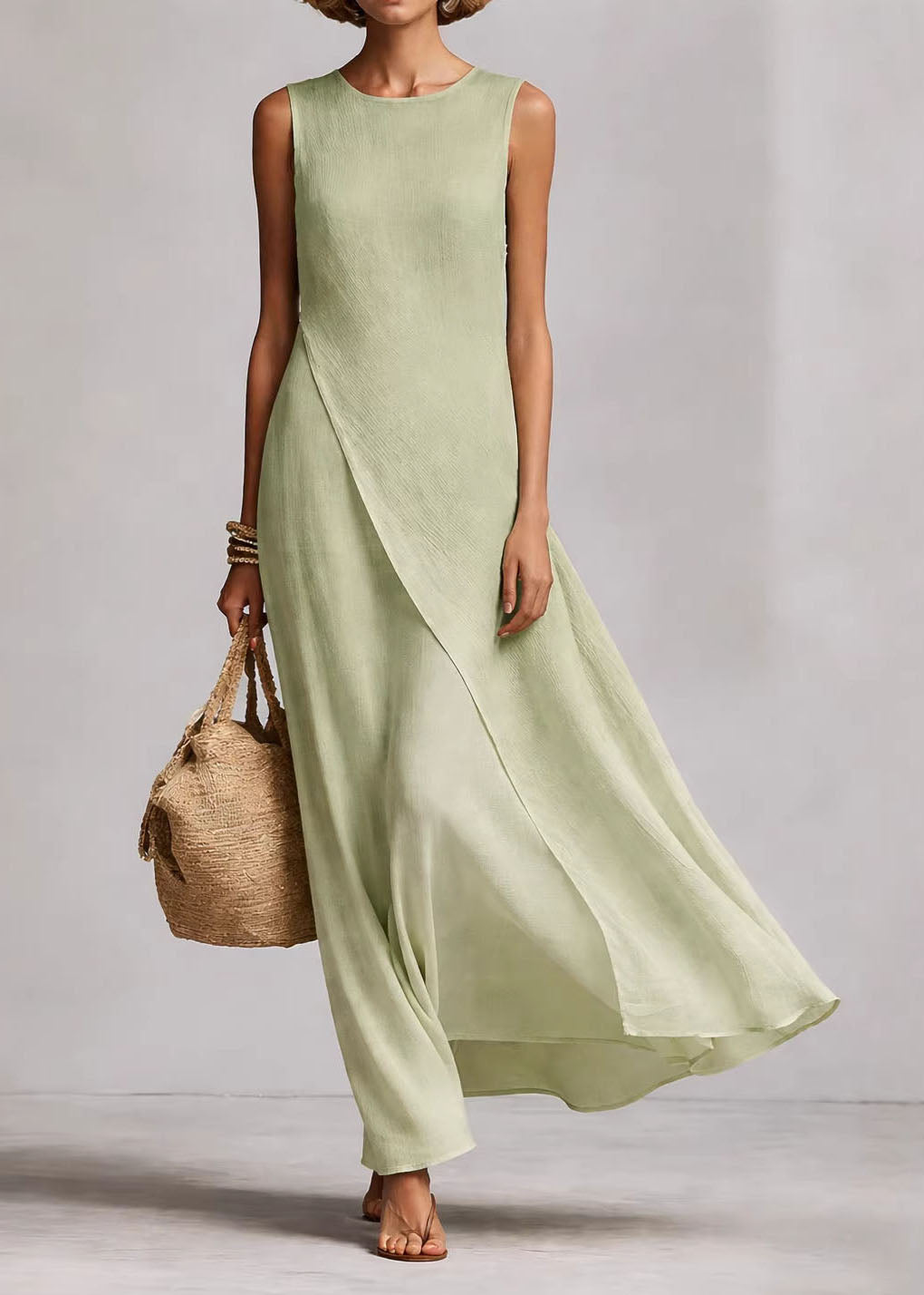Beige O Neck Asymmetrical Cotton Dress Sleeveless