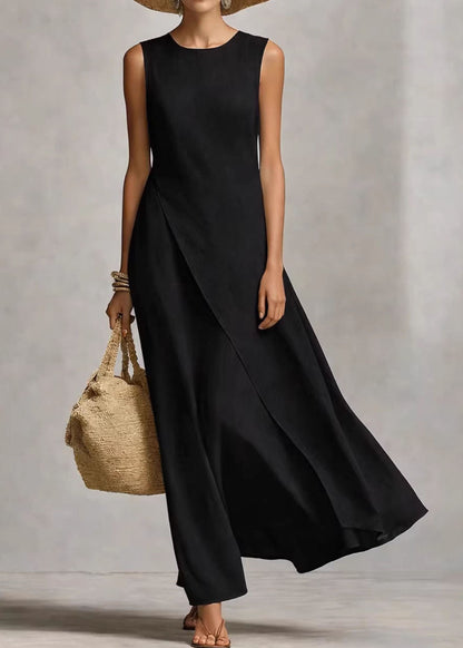 Beige O Neck Asymmetrical Cotton Dress Sleeveless