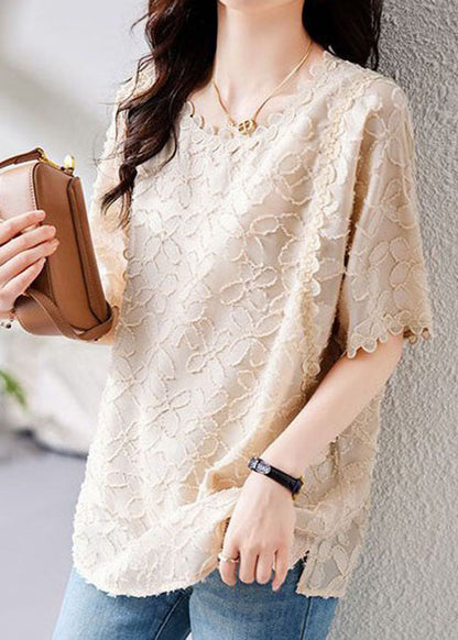Beige O Neck Embroideried Patchwork Chiffon Shirts Summer