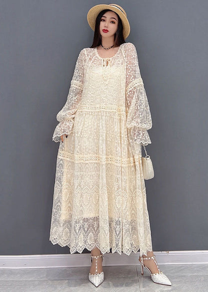 Beige O-neck Hollow Out Lace Holiday Dress Long Sleeve