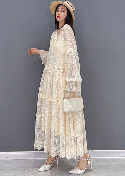 Beige O-neck Hollow Out Lace Holiday Dress Long Sleeve