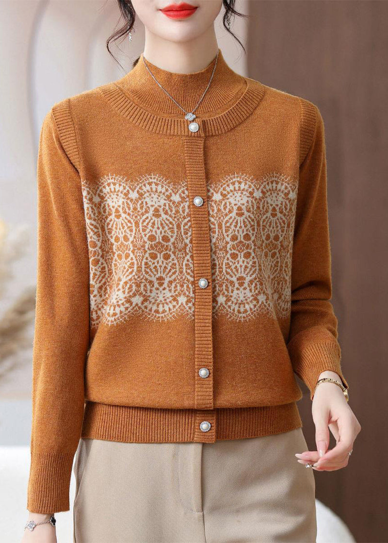 Beige O Neck Print Patchwork Woolen Sweater Spring