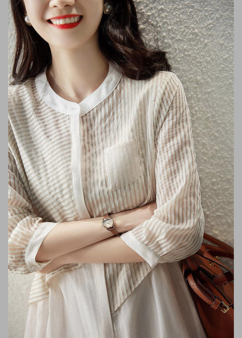Beige O-neck Striped Pockets Fake Two Pieces Tulle Dresses Long Sleeve