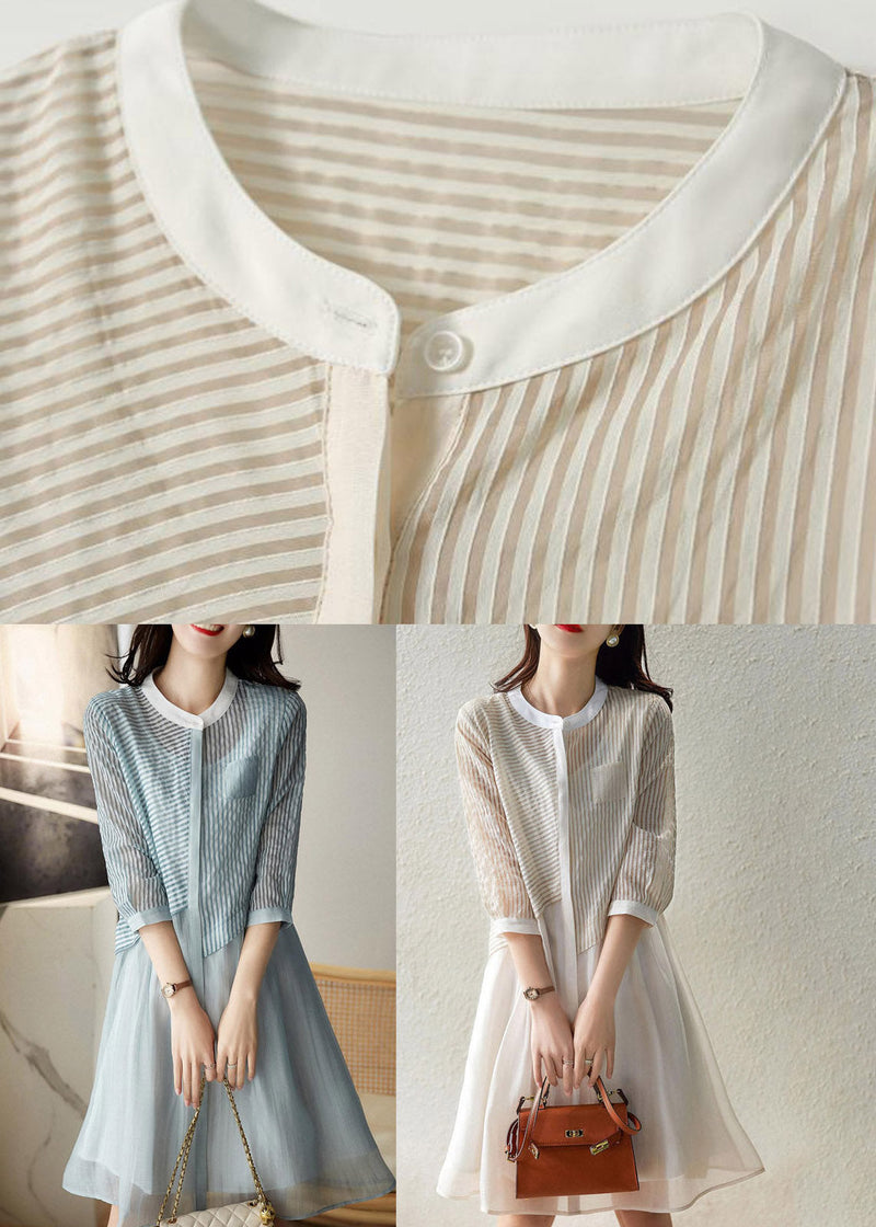 Beige O-neck Striped Pockets Fake Two Pieces Tulle Dresses Long Sleeve