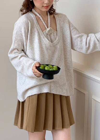 Beige Oversized Knitted Tops Two Piece Suit Set Winter