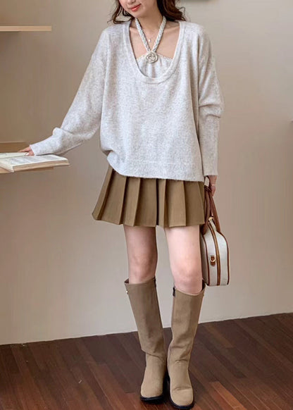 Beige Oversized Knitted Tops Two Piece Suit Set Winter
