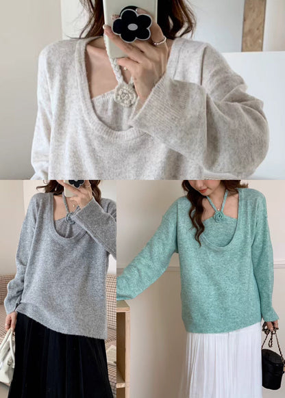 Beige Oversized Knitted Tops Two Piece Suit Set Winter