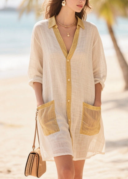 Beige Oversized Patchwork Cotton Mid Dress Summer