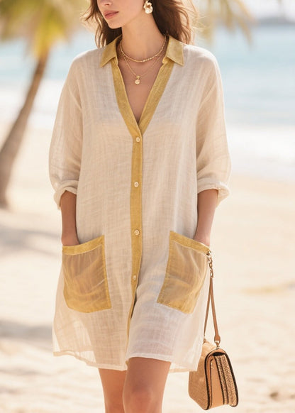 Beige Oversized Patchwork Cotton Mid Dress Summer