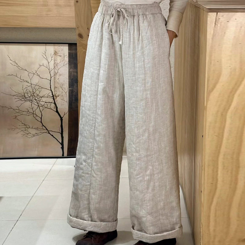 Beige Pockets Elastic Waist Fine Cotton Filled Pants Winter