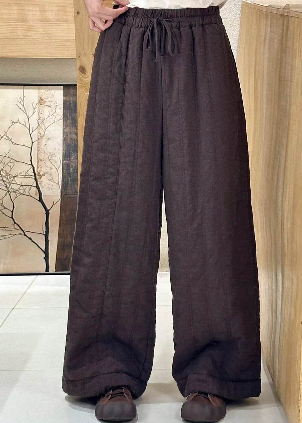 Beige Pockets Elastic Waist Fine Cotton Filled Pants Winter
