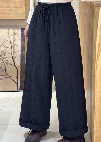Beige Pockets Elastic Waist Fine Cotton Filled Pants Winter