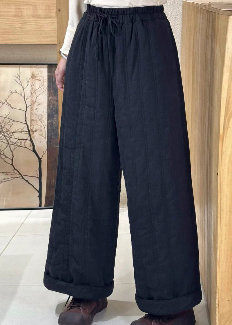 Beige Pockets Elastic Waist Fine Cotton Filled Pants Winter