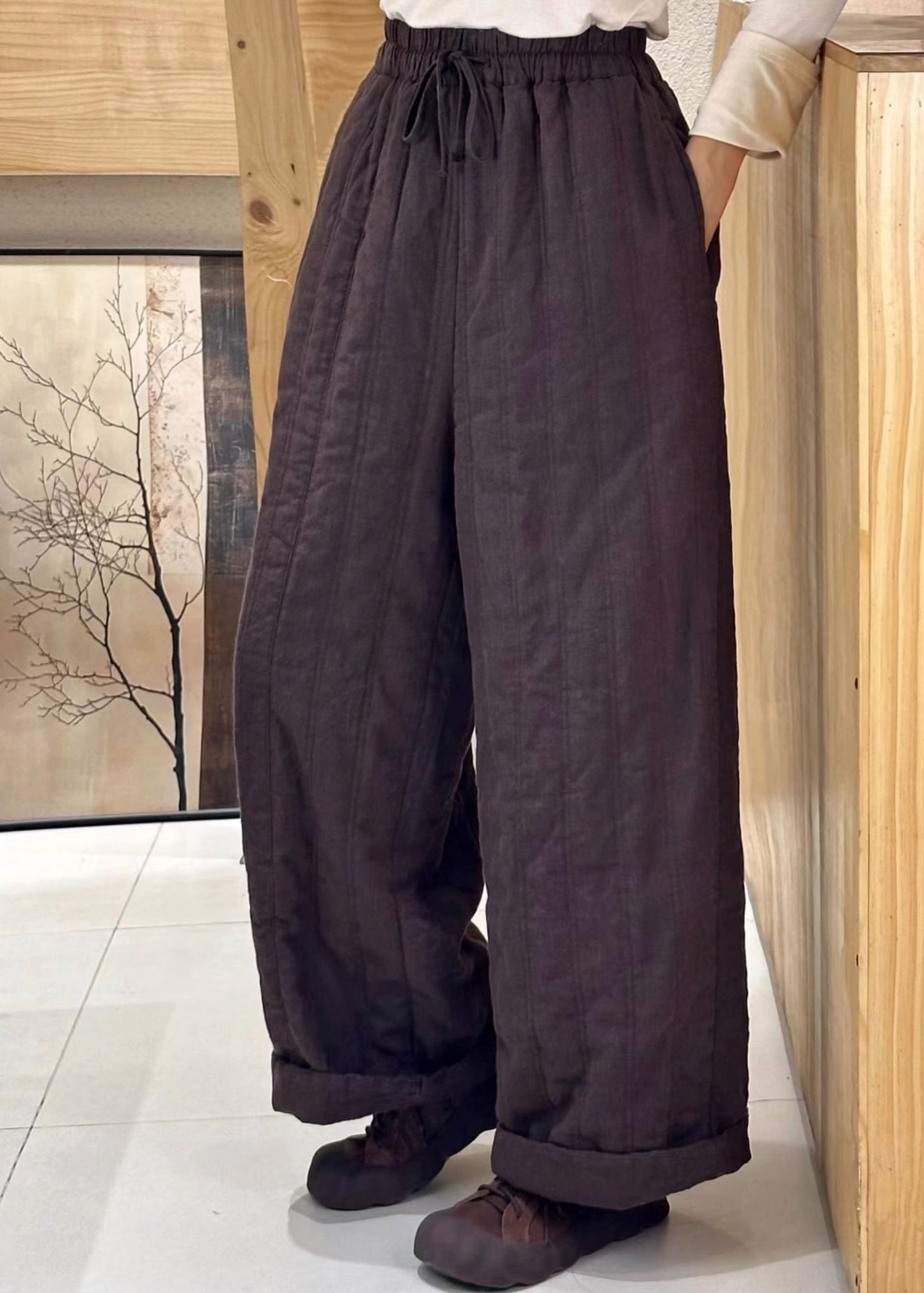 Beige Pockets Elastic Waist Fine Cotton Filled Pants Winter