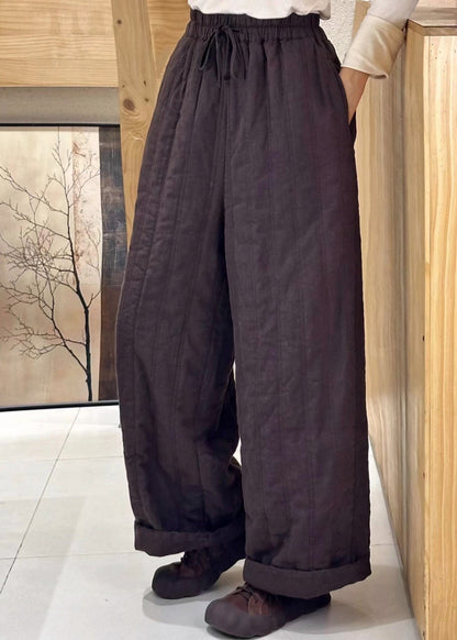 Beige Pockets Elastic Waist Fine Cotton Filled Pants Winter
