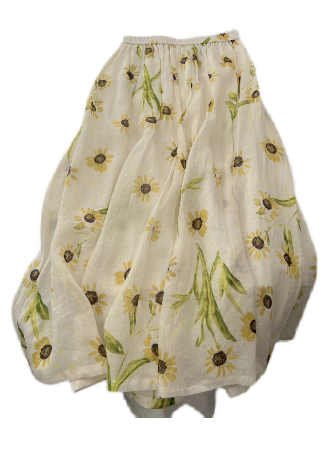 Beige Print Pockets Elastic Waist Cotton Skirt Summer