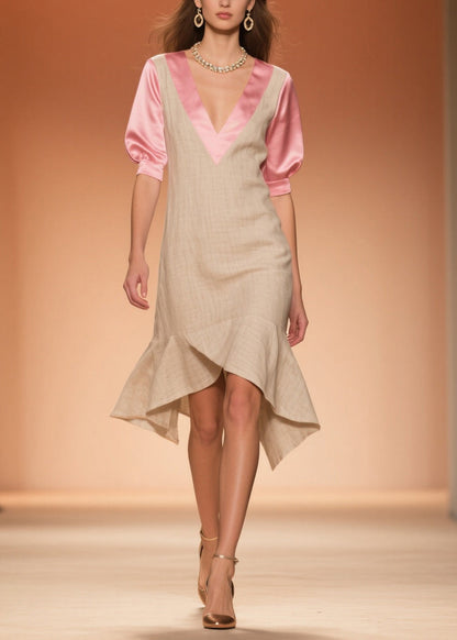 Beige Ruffled Patchwork Linen Silk Fake Two Piece Dress Summer