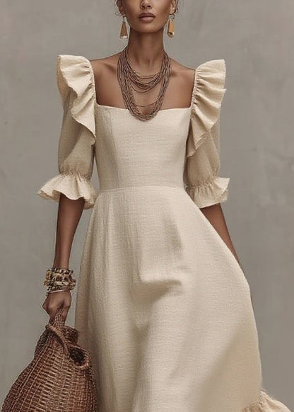Beige Ruffled Patchwork Long Dresses Short Sleeve