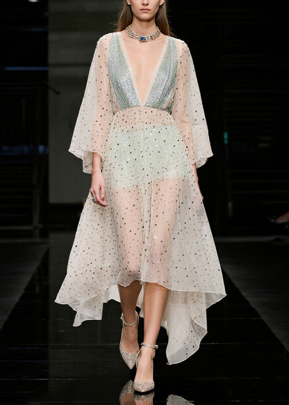Beige Sequins Sheer Tulle Beach Dresses Summer