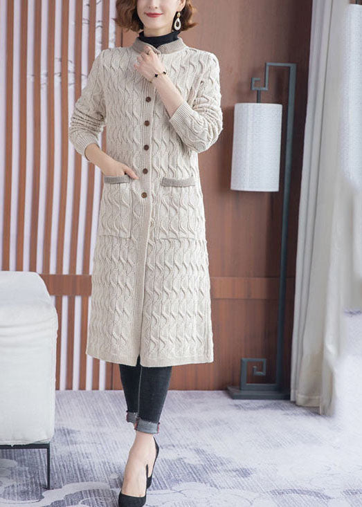 Beige Stand Collar Pockets Knit Long Cardigans Winter
