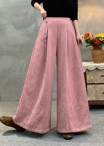 Beige Tassel Embroidered Warm Fleece Pants Winter
