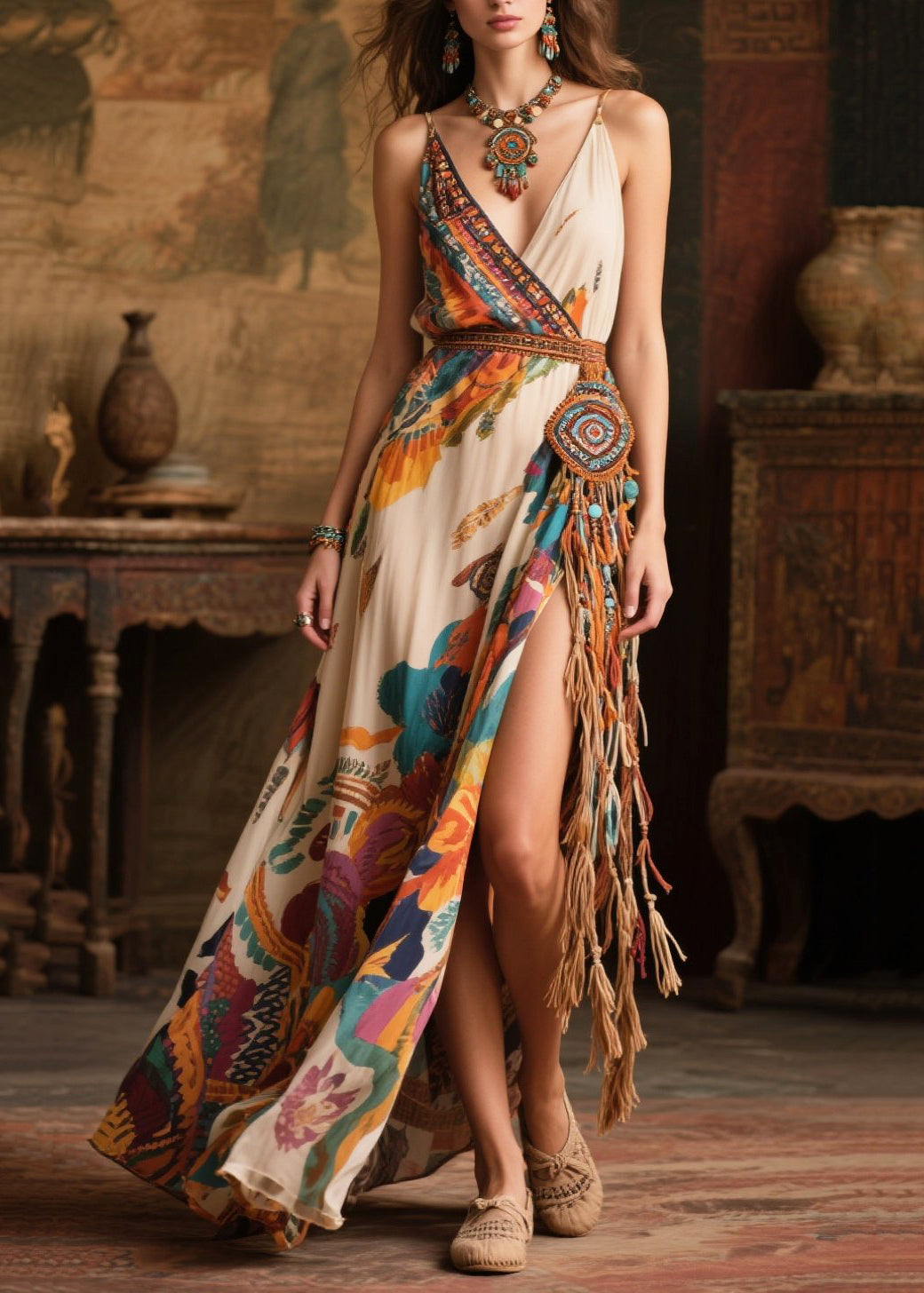 Beige Tasseled Side Open Chiffon Sundress Summer