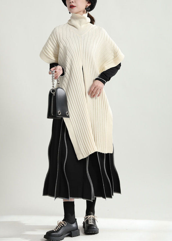 Beige Turtle Neck Side Open Knit Pullover Cloak Sleeves