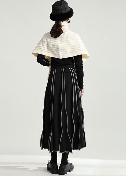Beige Turtle Neck Side Open Knit Pullover Cloak Sleeves