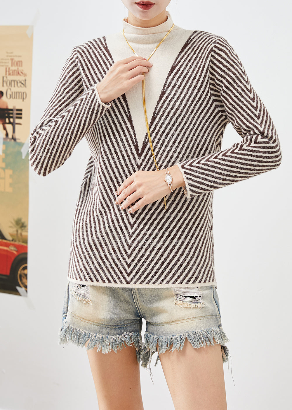 Beige Turtle Neck Striped Silm Fit Knit Sweater Winter